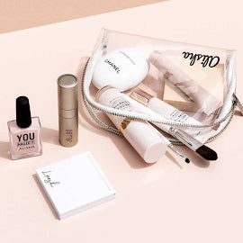 personalised makeup case with personalised compact mirror and perfume atomiser with vegan friendly personalised nail polish