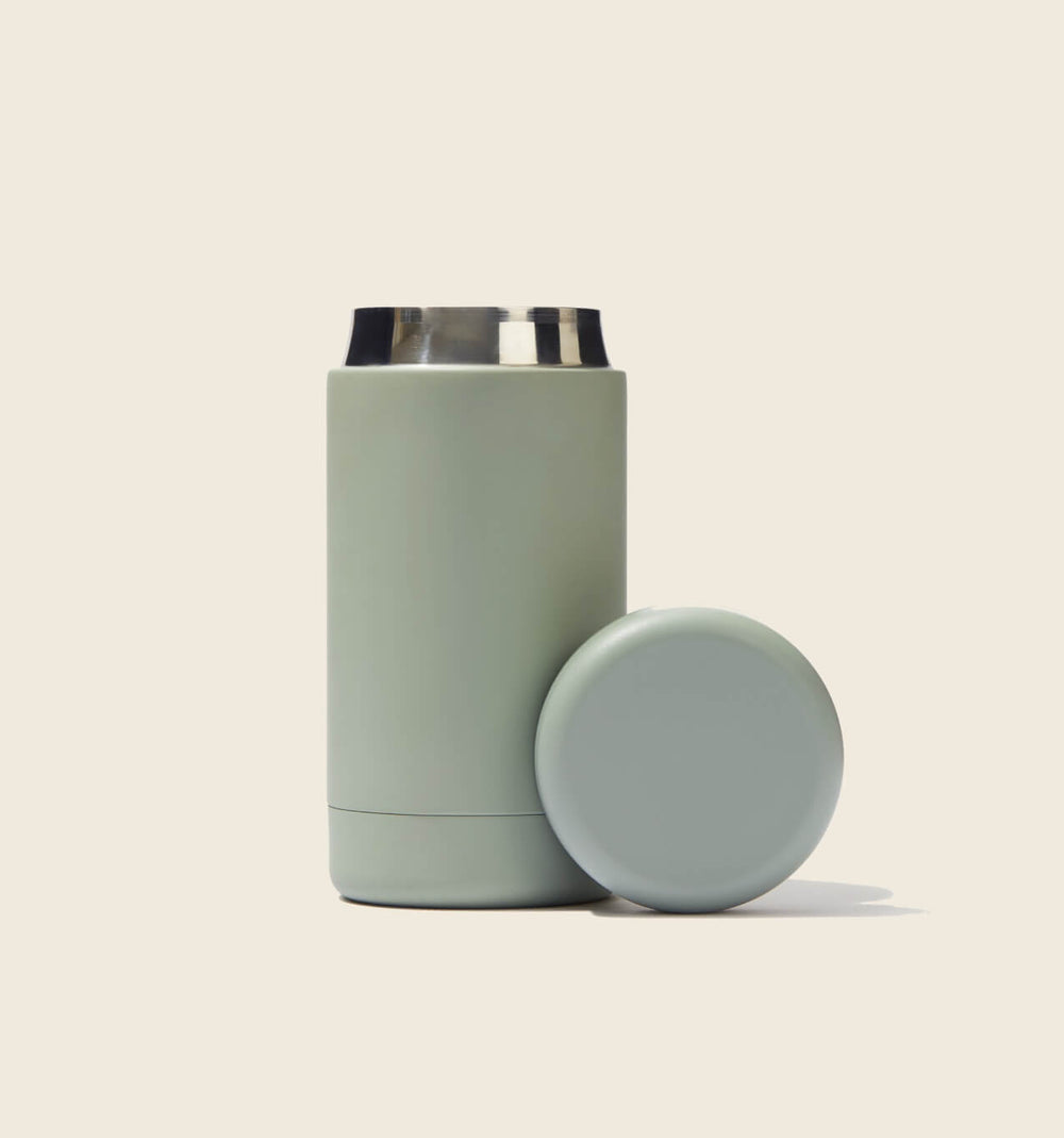 Beysis sage 340ml insulated stainless steel reusable coffee cup with its screw-top lid removed, front view