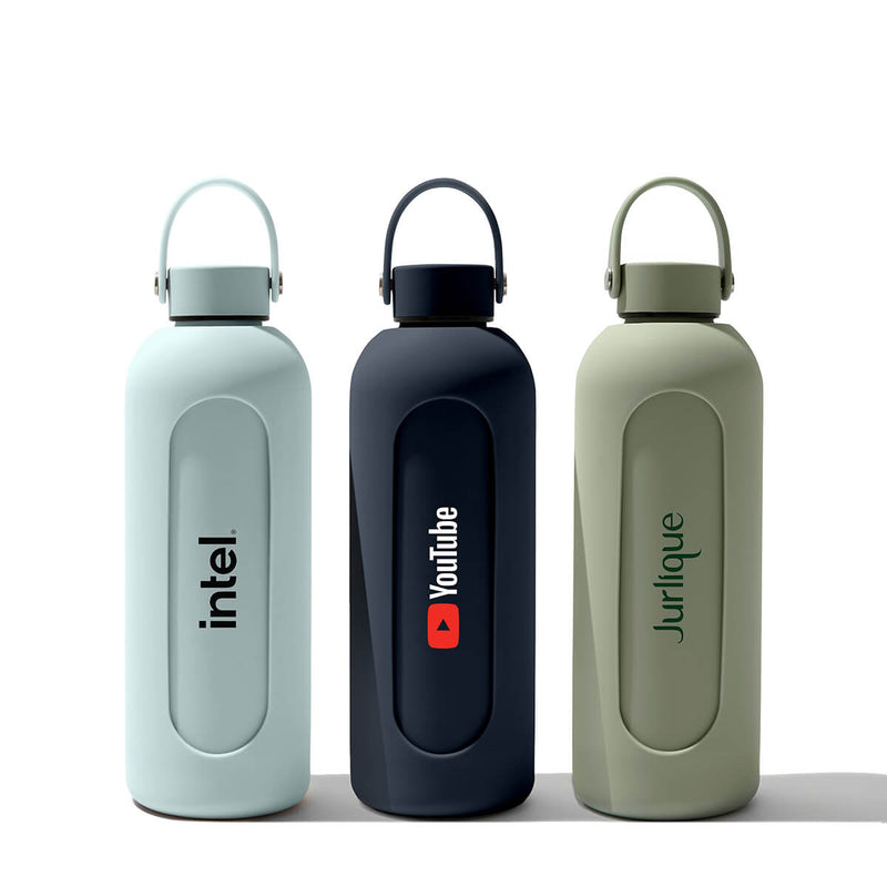 Beysis 500ml Durabottles with silicone cases in powder blue, navy and sage, each branded with a different company logo