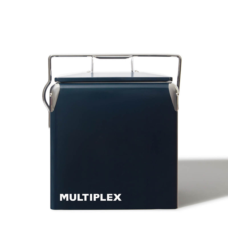 Beysis navy 13 litre insulated esky with stainless steel handle, branded with a company logo, front view