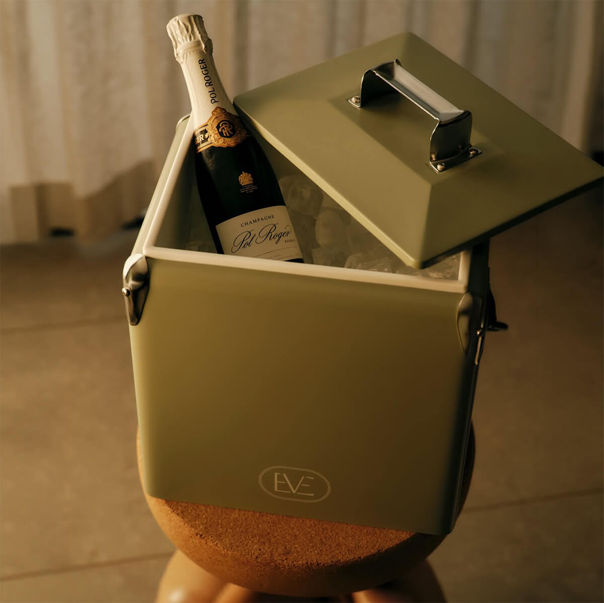 Beysis sage 13 litre insulated esky branded with a company logo, lid lifted to show sparkling wine on ice