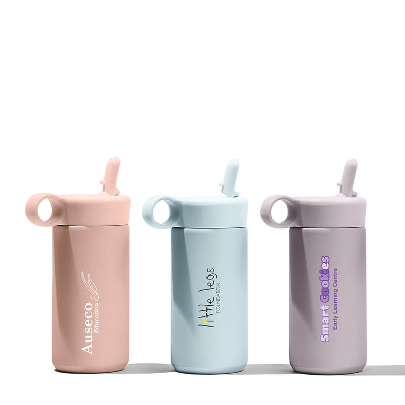 Beysis 340ml stainless steel reusable coffee cups in olive green, stone and navy blue, each with a different company logo