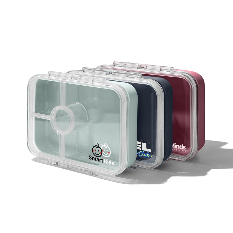 Beysis Tritan lunch boxes in pastel green, navy and mulberry, each branded with a different company logo