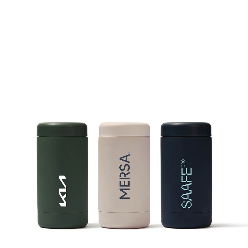 Beysis 340ml stainless steel reusable coffee cups in olive green, stone and navy blue, each with a different company logo