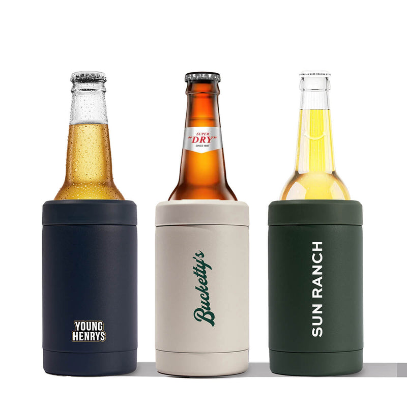 Beysis insulated stainless steel stubby holders in navy, stone and olive green, each branded with a different company logo