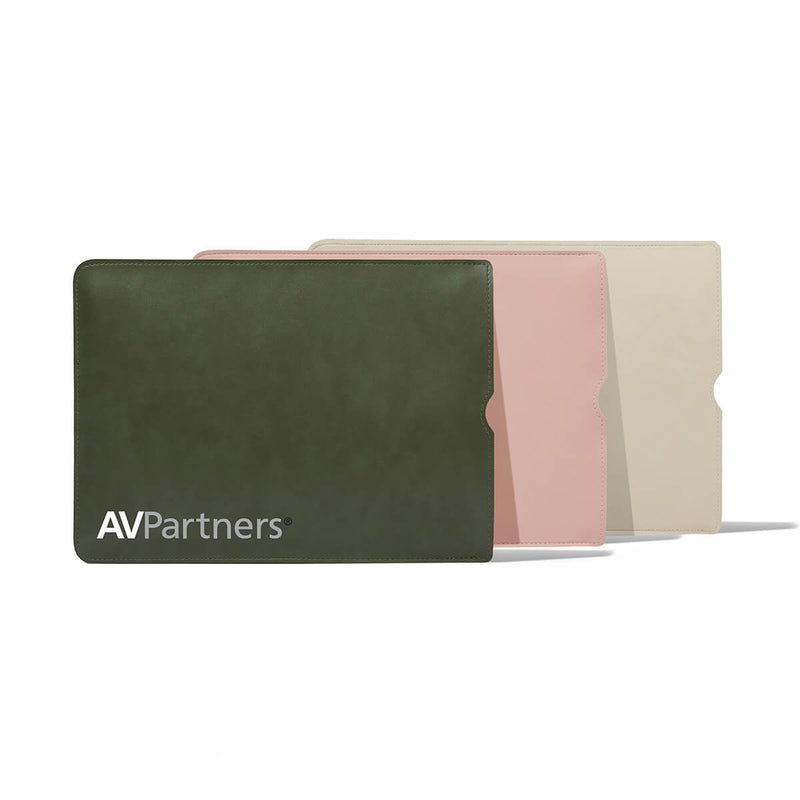 Beysis vegan leather laptop cases in olive green, blush and stone, the front case branded with a company logo