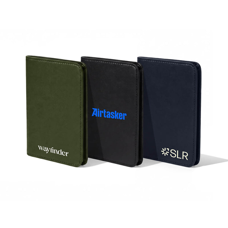 Beysis vegan leather passport holders in olive green, black and navy, each branded with a different company logo