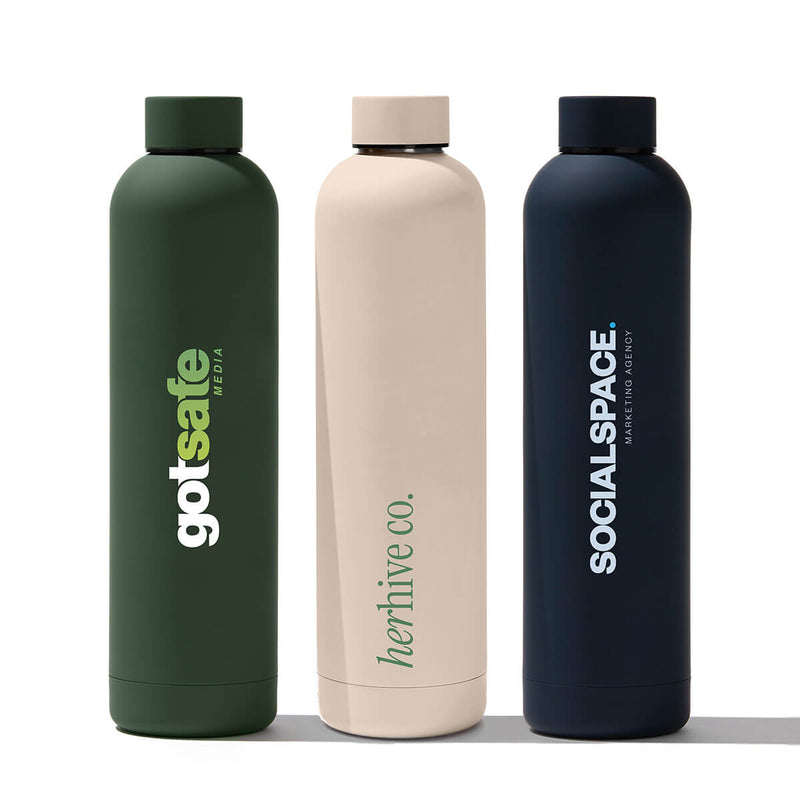 Beysis 1 litre stainless steel water bottles in olive green, stone and navy, each branded with a different company logo