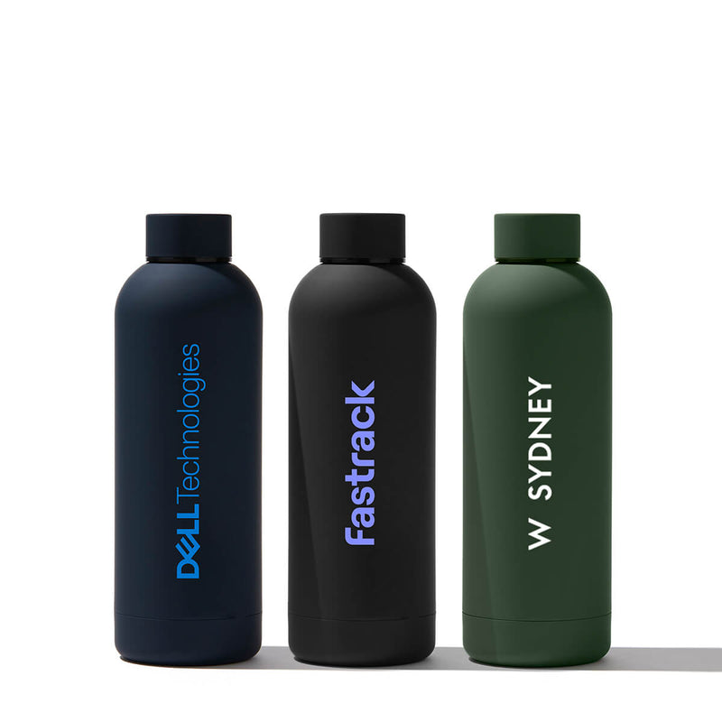 Beysis 500ml stainless steel water bottles in navy, black and olive green, each branded with a different company logo