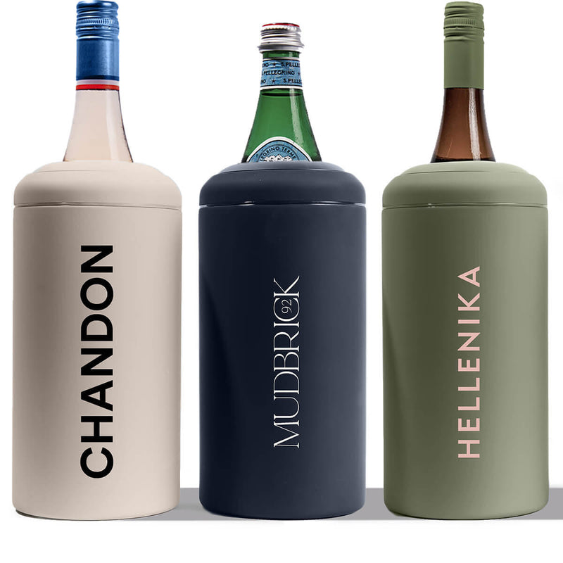 Beysis double-walled stainless steel wine coolers in stone, navy and sage, each branded with a different company logo